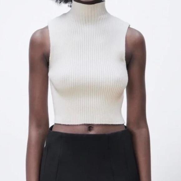 Zara Tops - Zara White Ribbed Knit Sleeveless Mock Turtleneck Tank Top Size Small Stretch